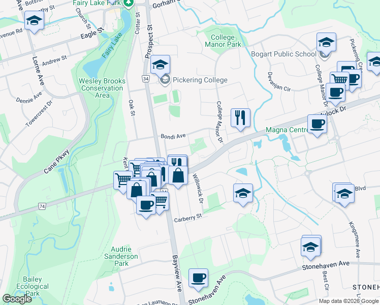map of restaurants, bars, coffee shops, grocery stores, and more near 595 Mulock Court in Newmarket