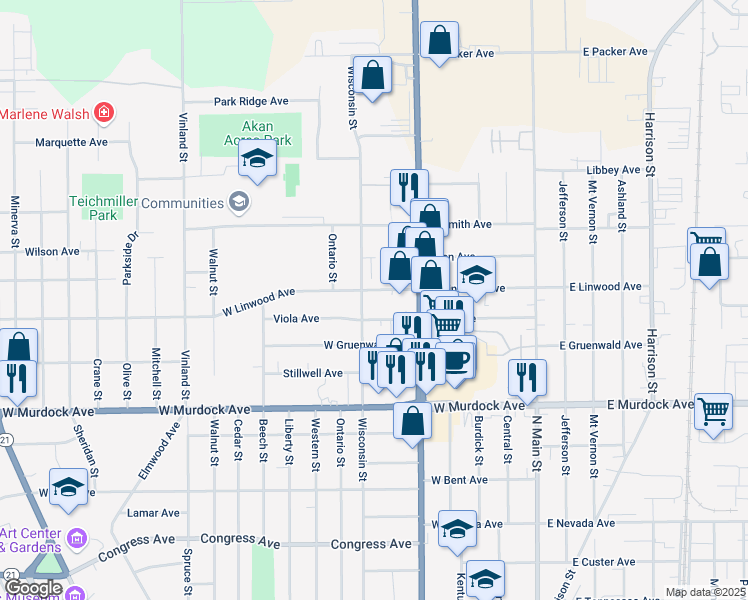 map of restaurants, bars, coffee shops, grocery stores, and more near 600 West Linwood Avenue in Oshkosh
