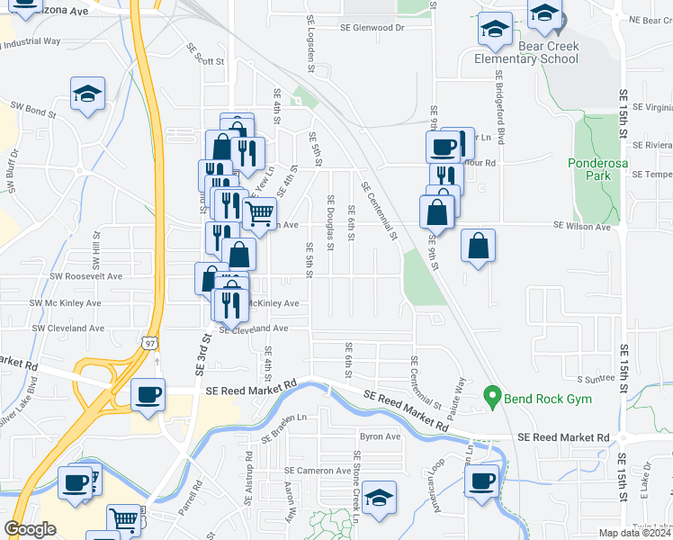 map of restaurants, bars, coffee shops, grocery stores, and more near 750 Southeast Douglas Street in Bend