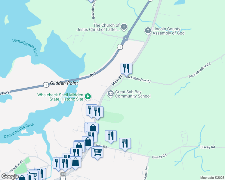 map of restaurants, bars, coffee shops, grocery stores, and more near 20 Hammond Road in Damariscotta