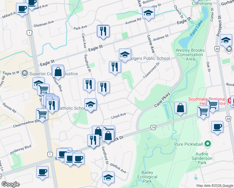 map of restaurants, bars, coffee shops, grocery stores, and more near 227 Thoms Crescent in Newmarket