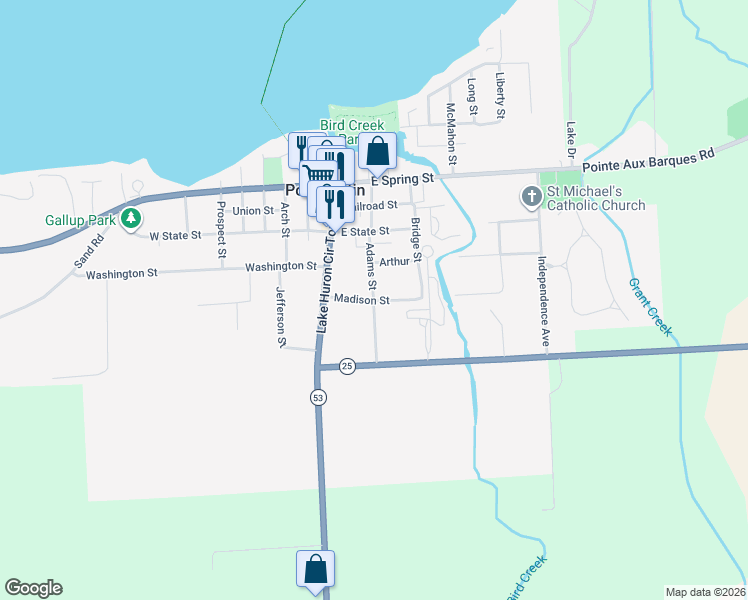 map of restaurants, bars, coffee shops, grocery stores, and more near 8538 Adams Street in Port Austin
