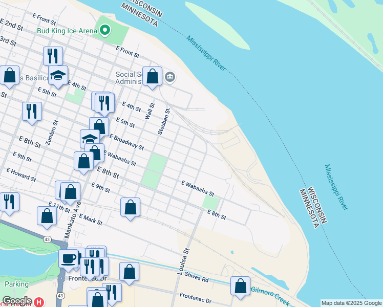 map of restaurants, bars, coffee shops, grocery stores, and more near 1052 East 5th Street in Winona