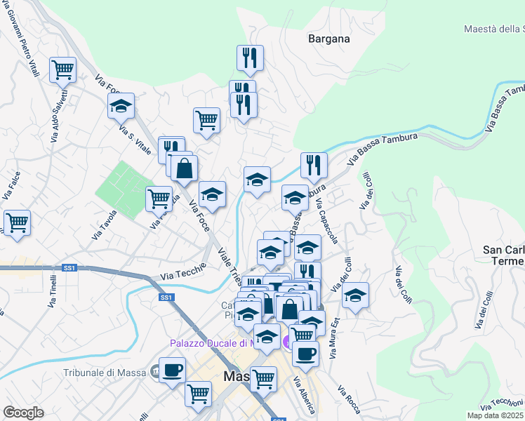 map of restaurants, bars, coffee shops, grocery stores, and more near 8 Piazza Ospedaletto in Massa
