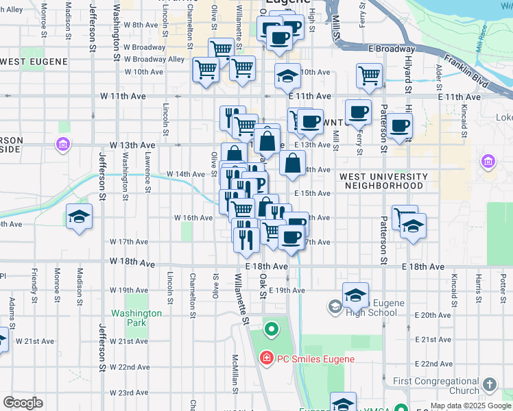 map of restaurants, bars, coffee shops, grocery stores, and more near 1530 Oak Street in Eugene