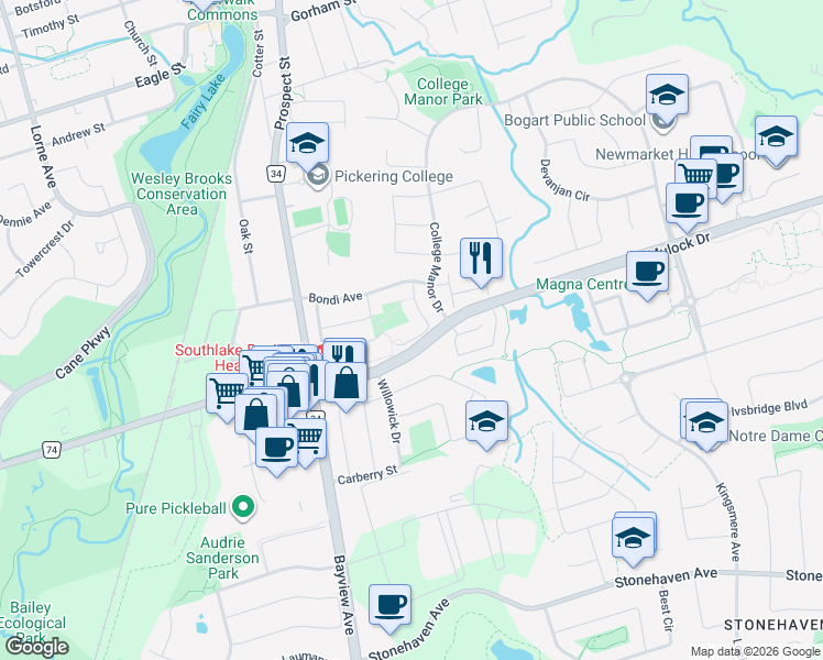 map of restaurants, bars, coffee shops, grocery stores, and more near 529 Rourke Place in Newmarket
