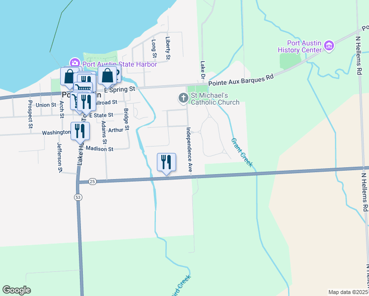 map of restaurants, bars, coffee shops, grocery stores, and more near 8573 Independence Avenue in Port Austin