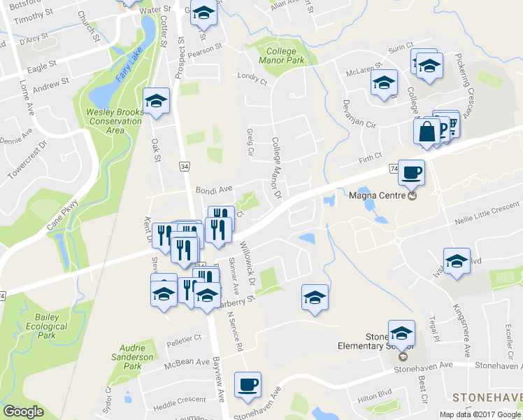 map of restaurants, bars, coffee shops, grocery stores, and more near 515 Rourke Place in Newmarket