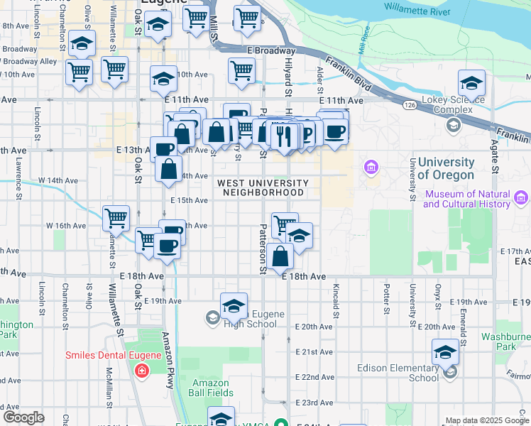 map of restaurants, bars, coffee shops, grocery stores, and more near 578 East 15th Alley in Eugene