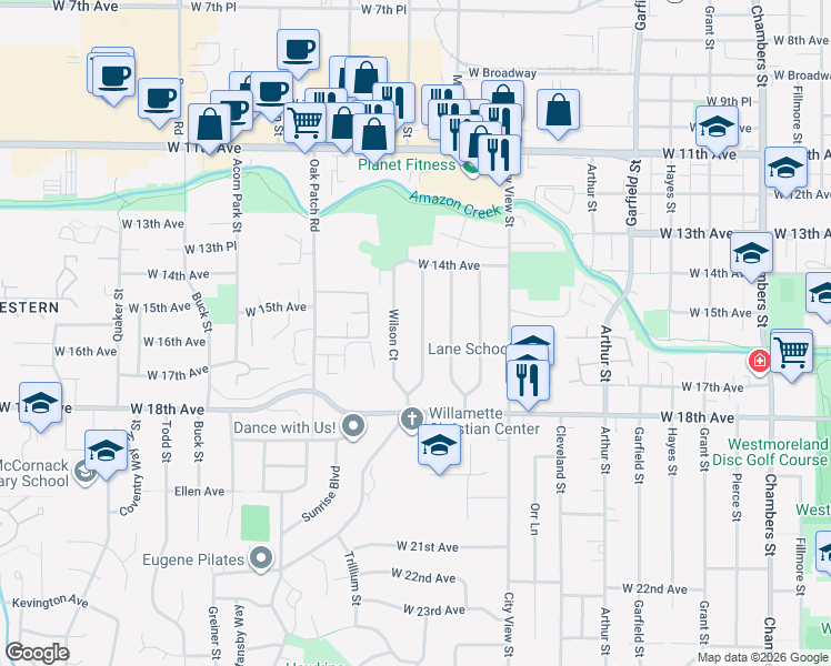 map of restaurants, bars, coffee shops, grocery stores, and more near 1557 Wilson Court in Eugene