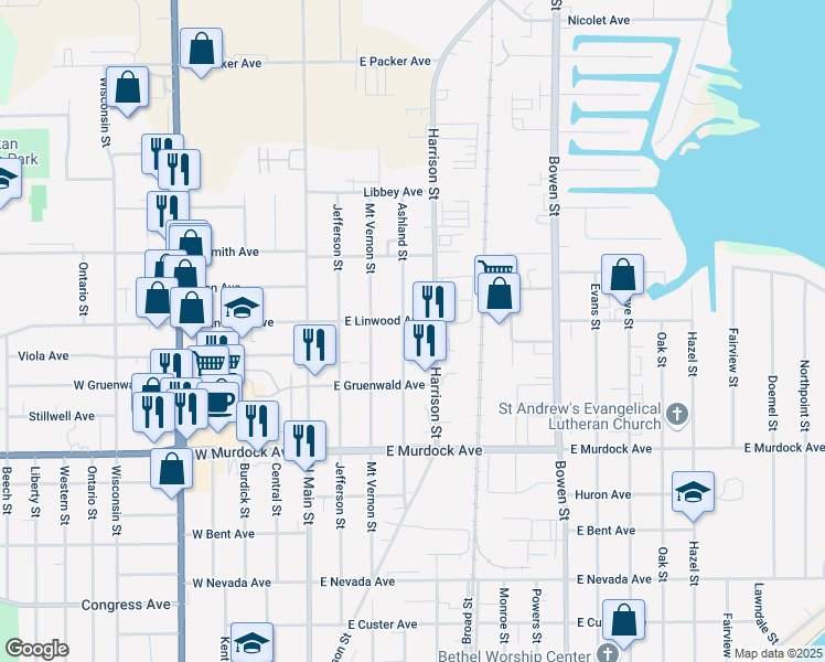 map of restaurants, bars, coffee shops, grocery stores, and more near 2025 Harrison Street in Oshkosh