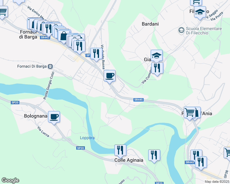 map of restaurants, bars, coffee shops, grocery stores, and more near Strada Provinciale 20 Lodovica in Lucca
