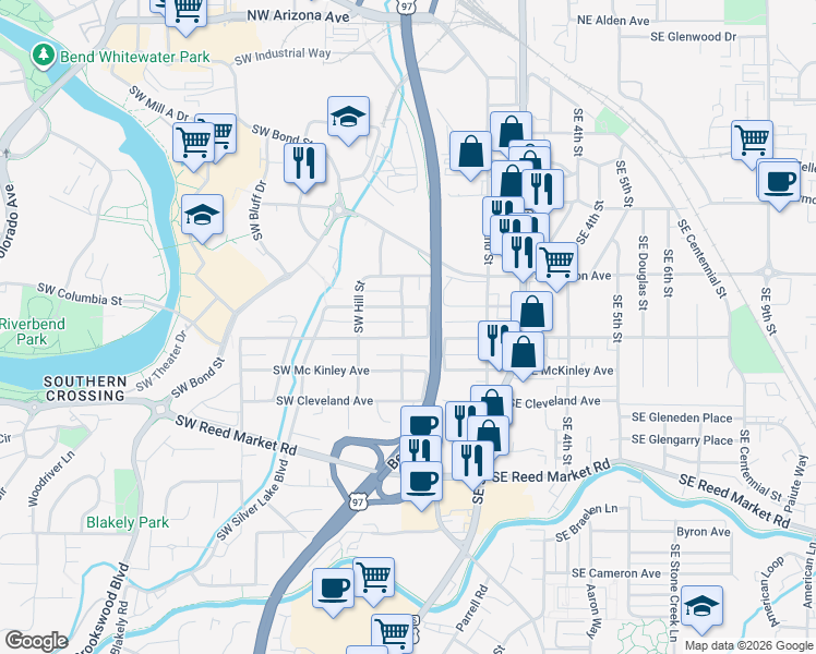 map of restaurants, bars, coffee shops, grocery stores, and more near 784 Southwest Pelton Place in Bend
