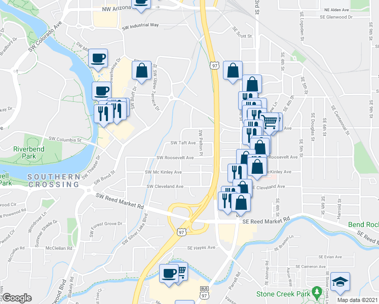 map of restaurants, bars, coffee shops, grocery stores, and more near 45 Southwest Taft Avenue in Bend