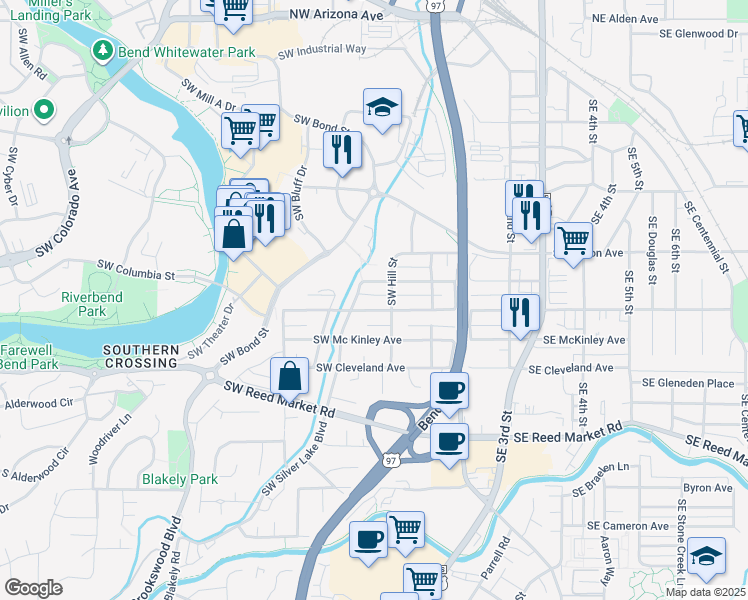 map of restaurants, bars, coffee shops, grocery stores, and more near 129 Southwest Taft Avenue in Bend
