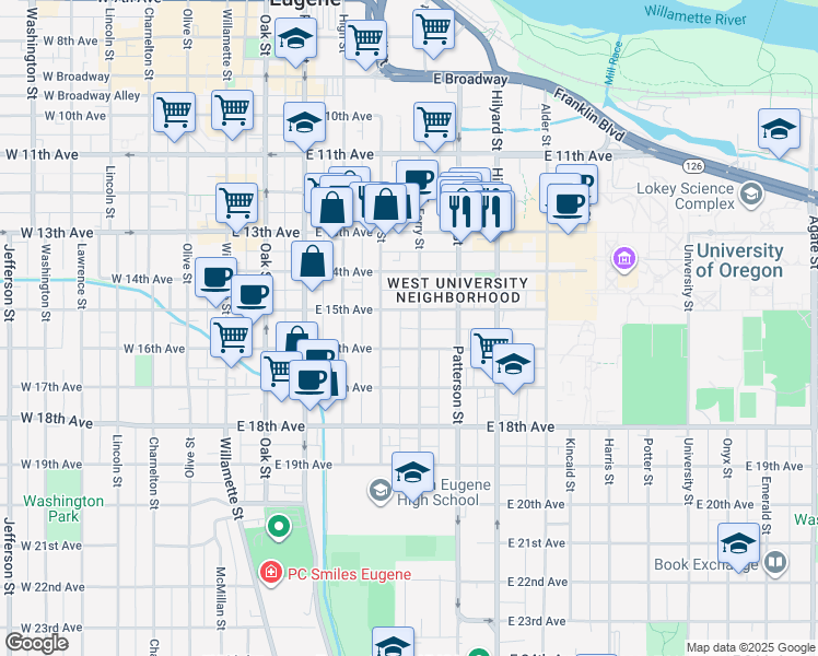 map of restaurants, bars, coffee shops, grocery stores, and more near 1528 Ferry Street in Eugene