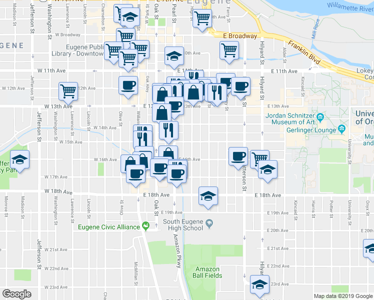 map of restaurants, bars, coffee shops, grocery stores, and more near 1530 High Street in Eugene