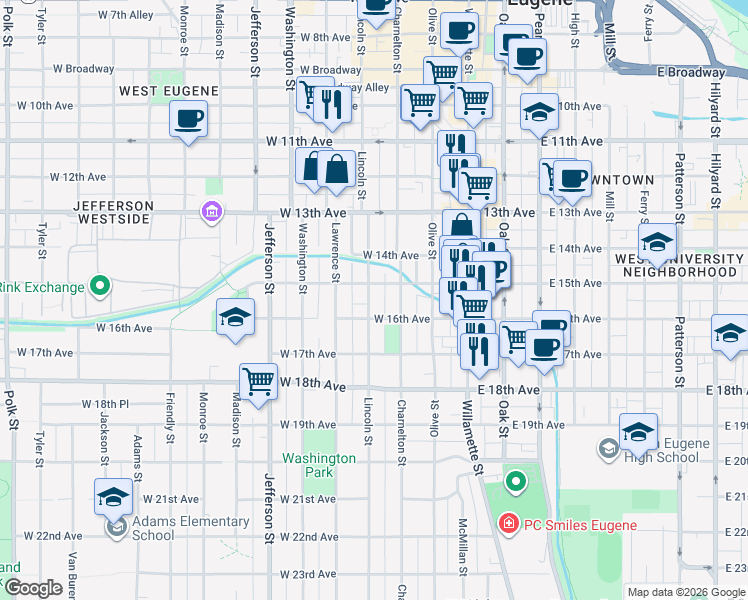 map of restaurants, bars, coffee shops, grocery stores, and more near 1521 Lincoln Alley in Eugene