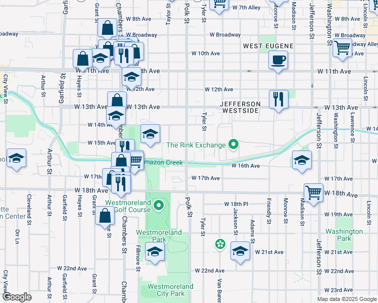 map of restaurants, bars, coffee shops, grocery stores, and more near 1160 West 15th Avenue in Eugene