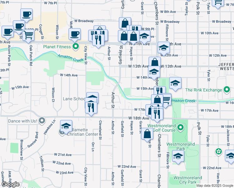 map of restaurants, bars, coffee shops, grocery stores, and more near 1569 Garfield Place in Eugene