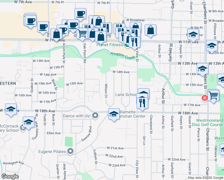 map of restaurants, bars, coffee shops, grocery stores, and more near 1557 Wilson Court in Eugene