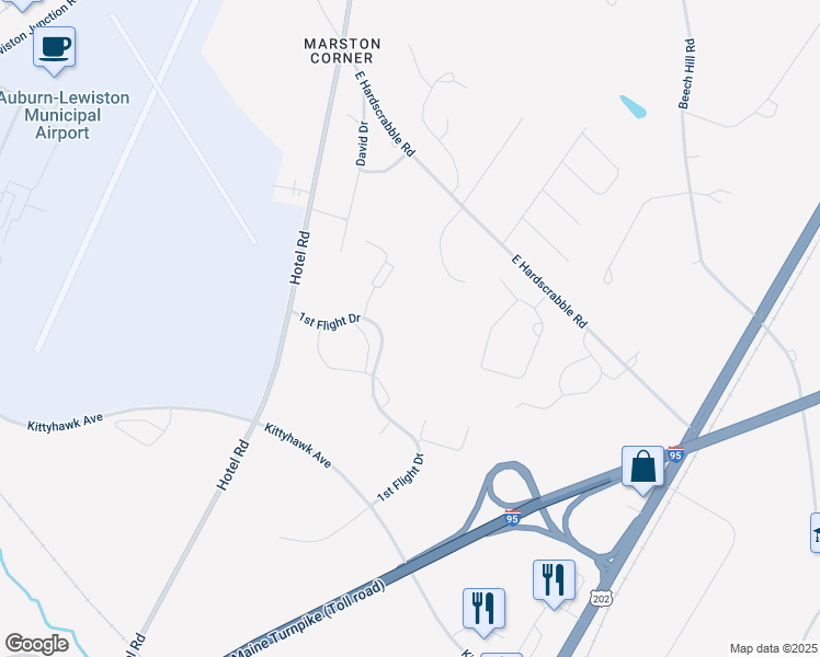 map of restaurants, bars, coffee shops, grocery stores, and more near 69-127 1st Flight Drive in Auburn