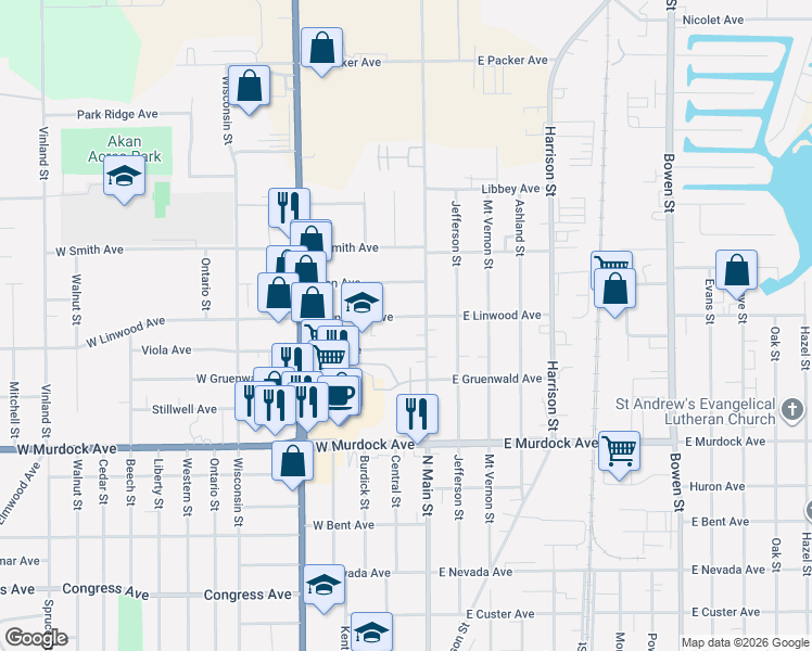 map of restaurants, bars, coffee shops, grocery stores, and more near 118 West Linwood Avenue in Oshkosh