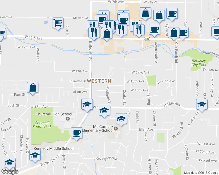 map of restaurants, bars, coffee shops, grocery stores, and more near 3492 West 15th Avenue in Eugene