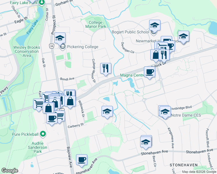 map of restaurants, bars, coffee shops, grocery stores, and more near 635 Tapestry Lane in Newmarket