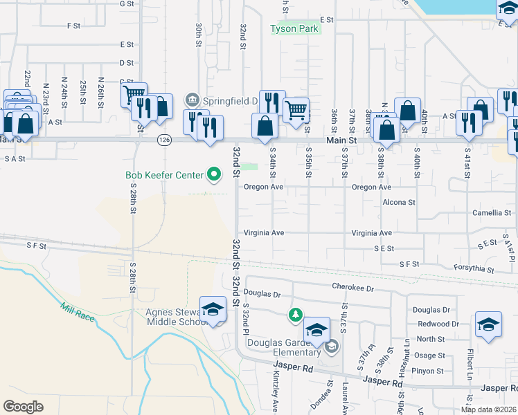 map of restaurants, bars, coffee shops, grocery stores, and more near 3361 Elliot Lane in Springfield
