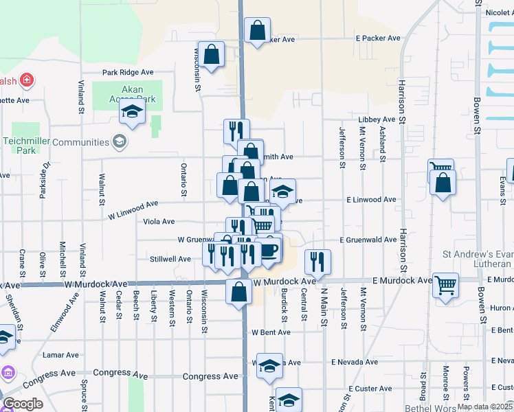 map of restaurants, bars, coffee shops, grocery stores, and more near 315 West Linwood Avenue in Oshkosh