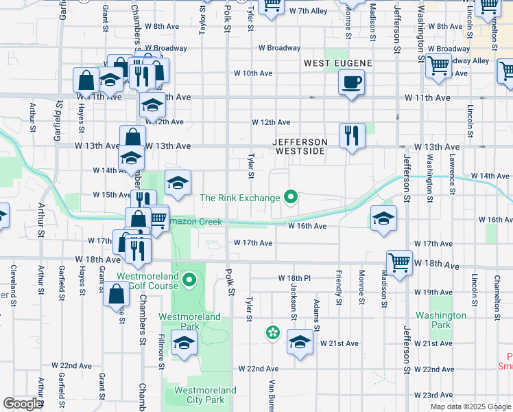 map of restaurants, bars, coffee shops, grocery stores, and more near 1160 West 15th Avenue in Eugene