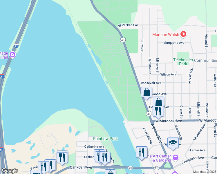 map of restaurants, bars, coffee shops, grocery stores, and more near Wiouwash Trail in Oshkosh