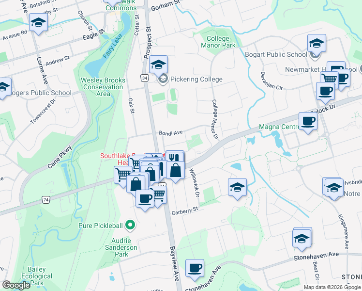 map of restaurants, bars, coffee shops, grocery stores, and more near 568 Legresley Lane in Newmarket