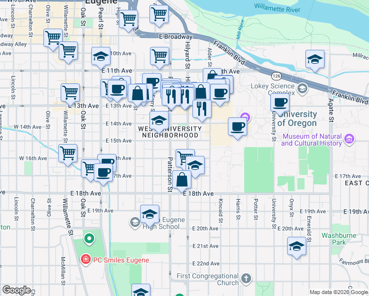map of restaurants, bars, coffee shops, grocery stores, and more near 1546 Hilyard Street in Eugene