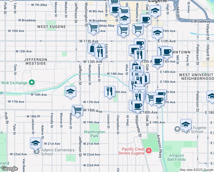 map of restaurants, bars, coffee shops, grocery stores, and more near 1548 Lincoln Street in Eugene