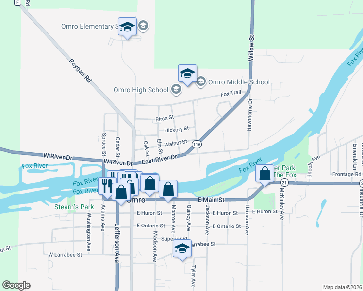 map of restaurants, bars, coffee shops, grocery stores, and more near 430 Ash Street in Omro
