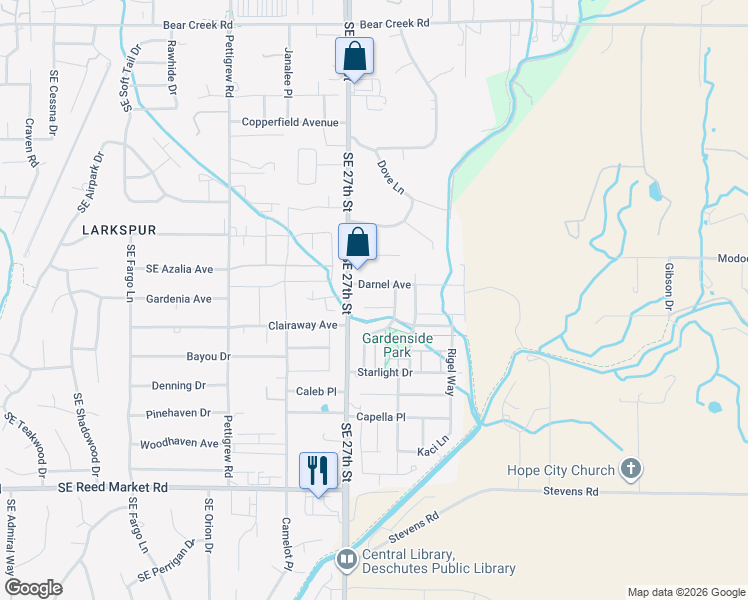 map of restaurants, bars, coffee shops, grocery stores, and more near 21226 Darby Court in Bend