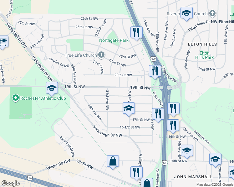 map of restaurants, bars, coffee shops, grocery stores, and more near 2015 18 1/2 Street Northwest in Rochester
