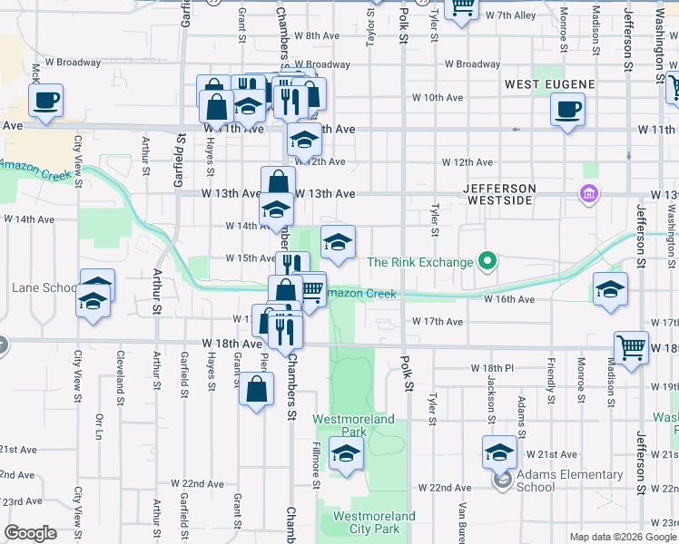 map of restaurants, bars, coffee shops, grocery stores, and more near 1510 West 14th Avenue in Eugene
