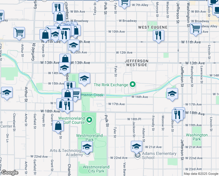 map of restaurants, bars, coffee shops, grocery stores, and more near 1280 West 15th Avenue in Eugene