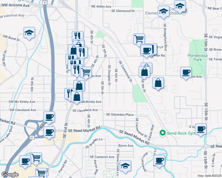 map of restaurants, bars, coffee shops, grocery stores, and more near 732 Southeast Douglas Street in Bend
