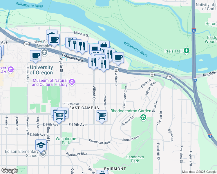 map of restaurants, bars, coffee shops, grocery stores, and more near 1505 Orchard Street in Eugene