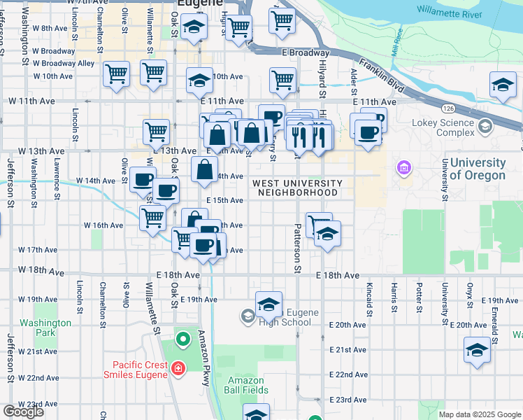 map of restaurants, bars, coffee shops, grocery stores, and more near 1528 Ferry Street in Eugene