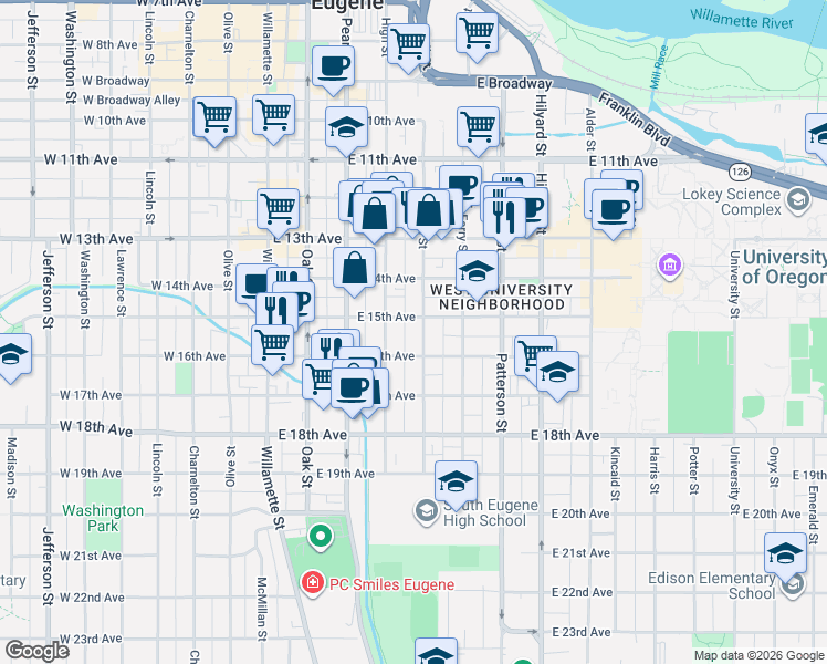 map of restaurants, bars, coffee shops, grocery stores, and more near 1524 Mill Street in Eugene