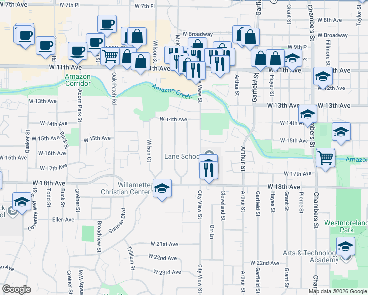 map of restaurants, bars, coffee shops, grocery stores, and more near 1541 McKinley Street in Eugene