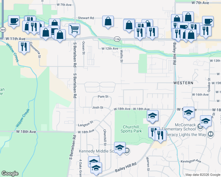 map of restaurants, bars, coffee shops, grocery stores, and more near 1415 South Bertelsen Road in Eugene