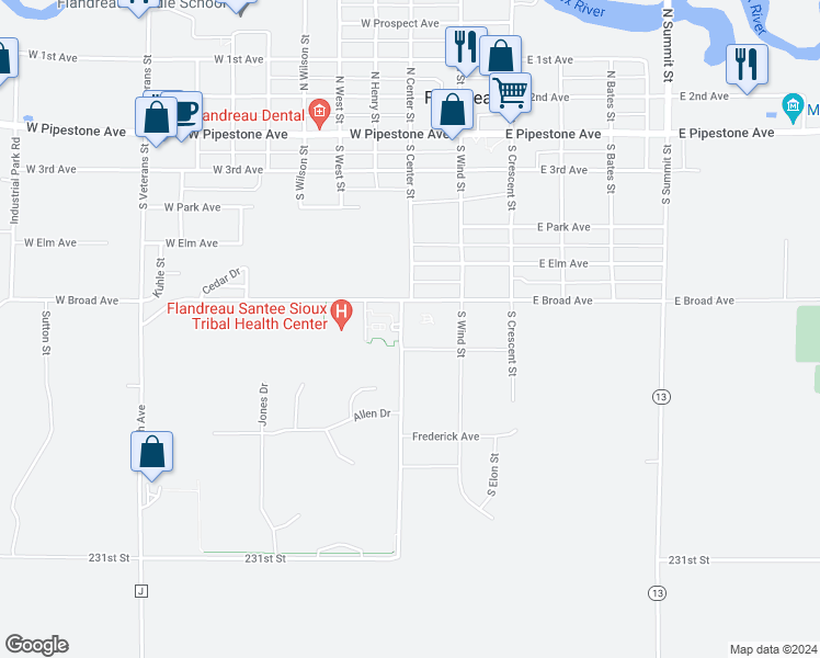 map of restaurants, bars, coffee shops, grocery stores, and more near 105 West Broad Avenue in Flandreau