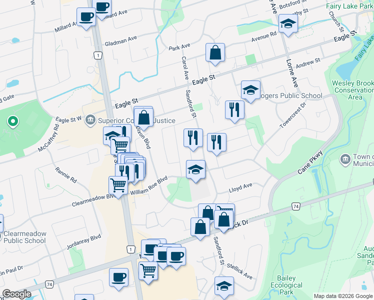 map of restaurants, bars, coffee shops, grocery stores, and more near in Newmarket