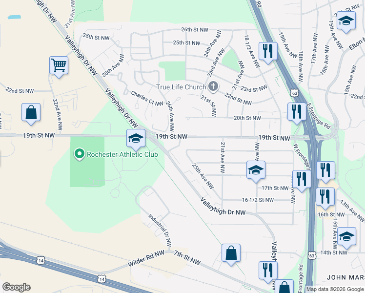 map of restaurants, bars, coffee shops, grocery stores, and more near 1884 Evergreen Drive Northwest in Rochester